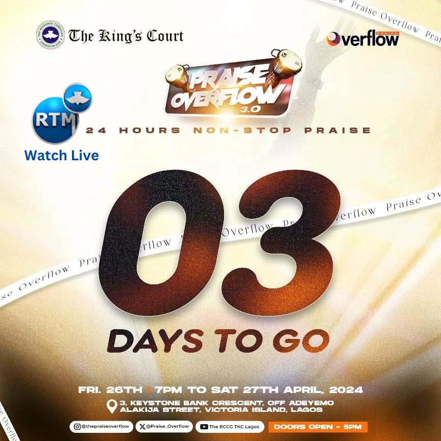 redemption_tm's tweet image. It&apos;s just 3️⃣ days to the #PraiseOverflow!

Hope your dancing shoes are set. Come looking ready for a round-the-clock praise. Do not miss out on this.

Come prepared. Come ready. Come expectant.

Stay tuned on #RTMTV