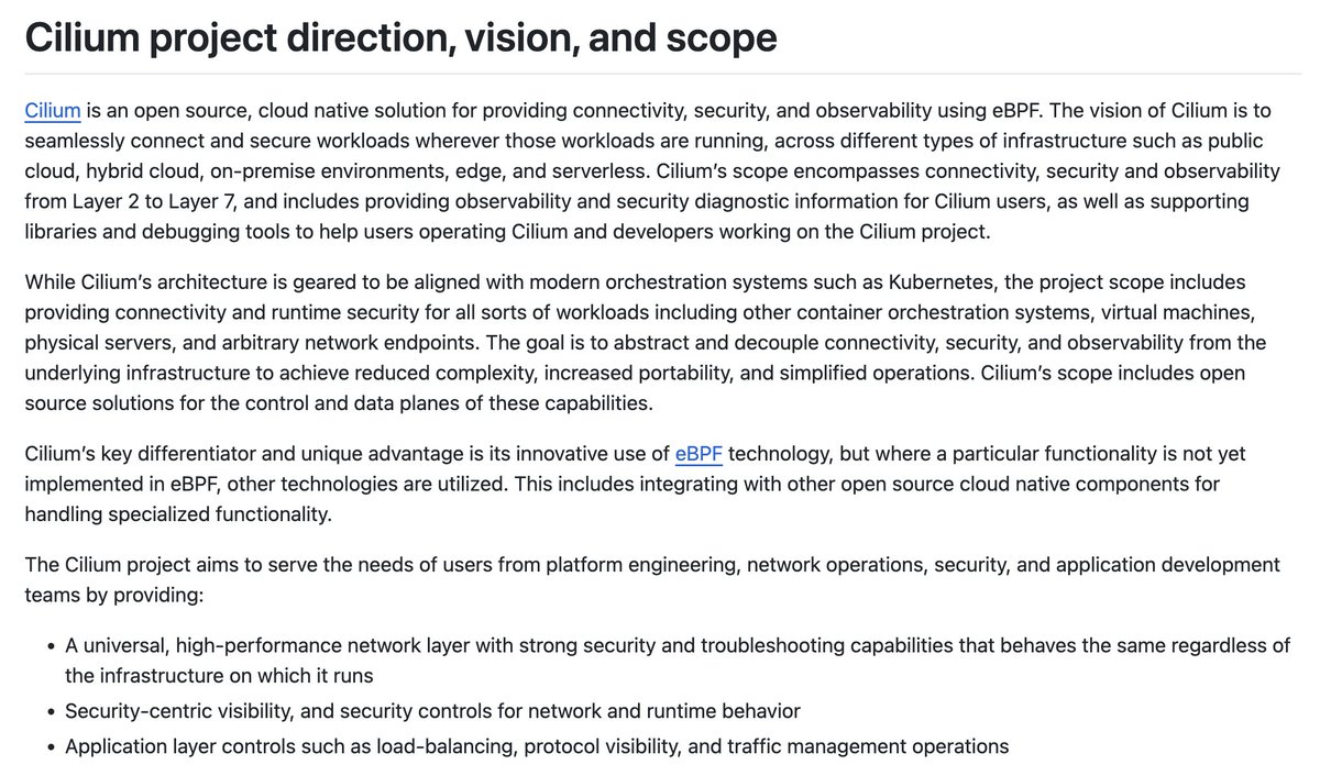 Great to see the @ciliumproject vision finally written down! In essence 'cloud native solution for providing connectivity, security, and observability using eBPF' github.com/cilium/communi…