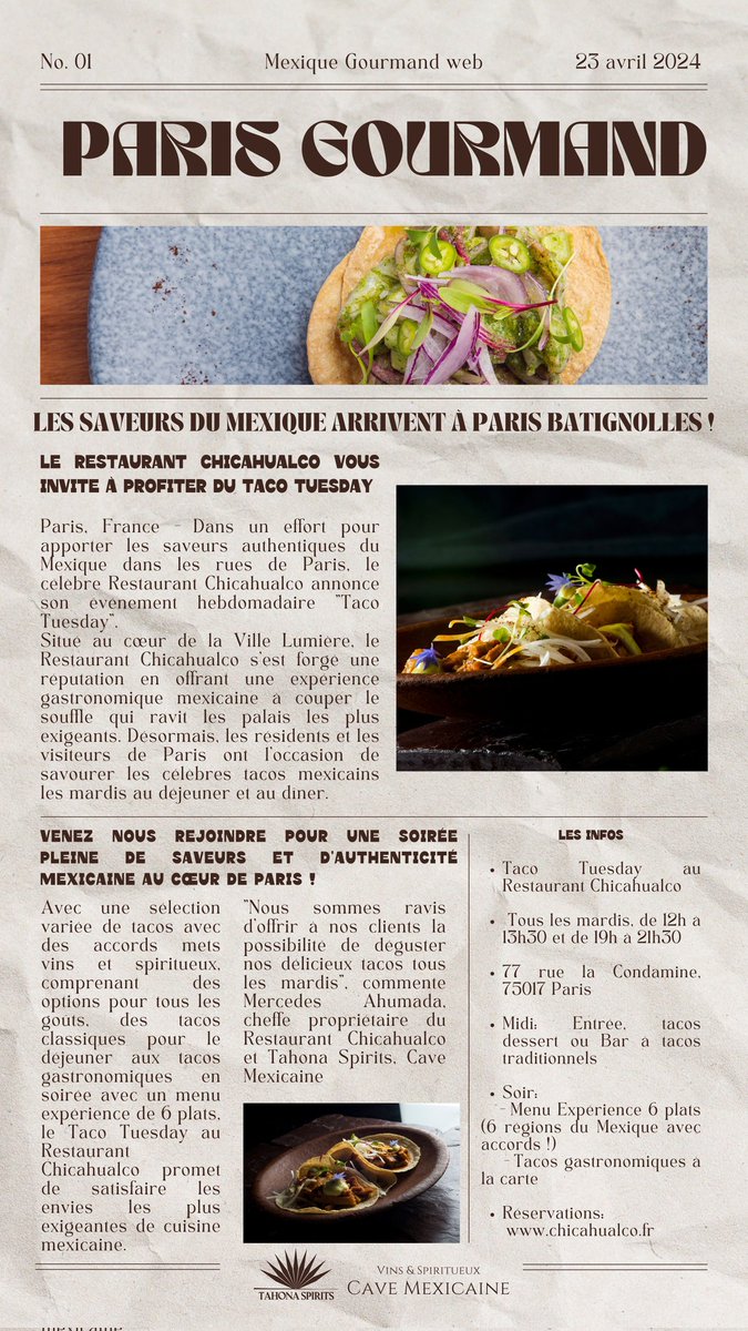 Ne manquez pas cette occasion de vous régaler et de passer un bon moment entre collègues et amis. À bientôt !

#Chicahualco #restaurantbatignolles #TacoTuesday #DélicesMexicains #BonneAmbiance