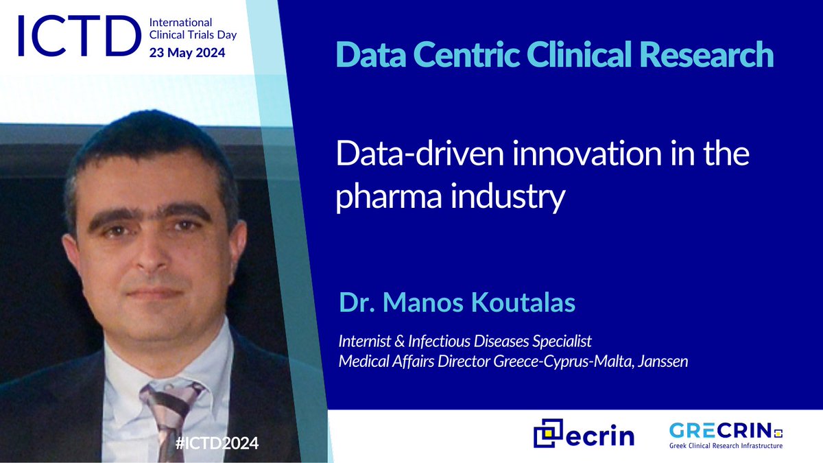 Join us for #ICTD2024 on May 23, 2024! 🌍 Dr. Manos Koutalas, infectious diseases specialist and medical affairs director at Janssen Greece, will give a presentation on “Data-driven innovation in the pharma industry’. 💡 Register online now: grecrin.gr/2024_annual_ev…