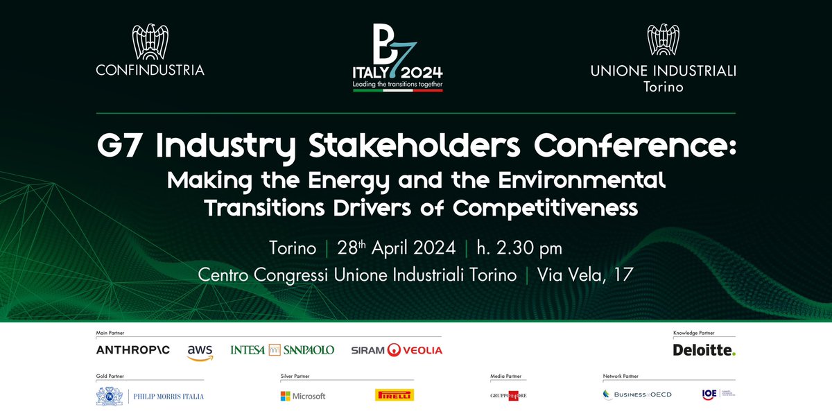 📌#SaveTheDate #28aprile 🔵'G7 2024 Industry Stakeholders Conference: Making the Energy and the Environmental Transitions Drivers of Competitiveness.' 👉Il tema principale della seconda Industry Stakeholders Conference del #G7 2024 - Making the Energy and the Environmental
