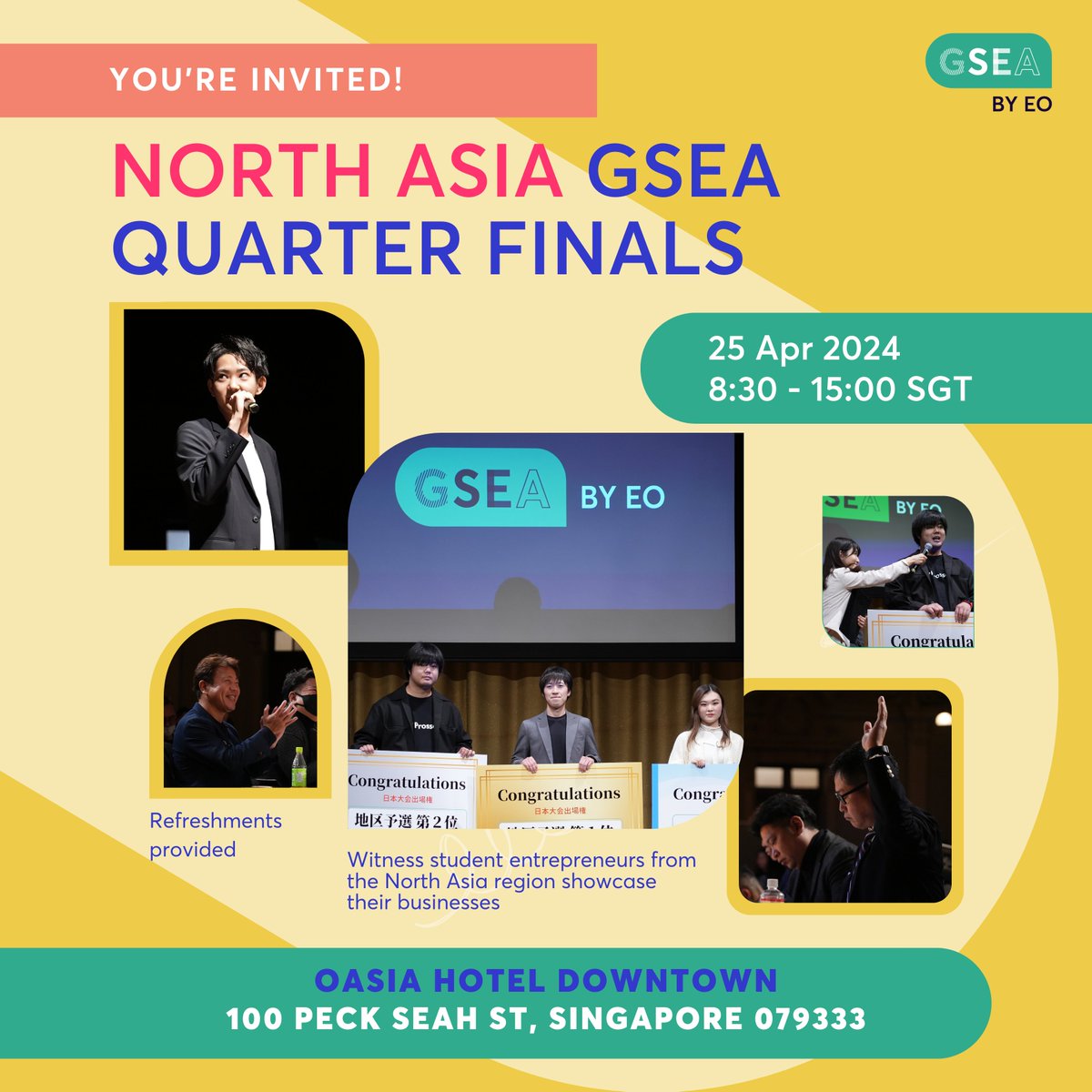 🌟 North Asia & APAC Global Quarter Finals kick off TOMORROW in Singapore! The best student entrepreneurs from these regions have journeyed to Singapore to showcase their innovative ventures and vie for a spot in the semi-finals! 🌍 Join us, if you're in Singapore! #EO #GSEA