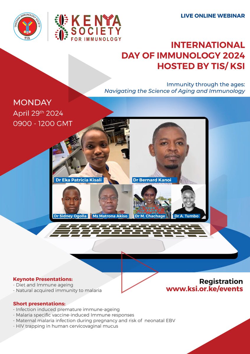 immunology_tz's tweet photo. Join us for an insightful webinar in commemorating the International Day of Immunology 2024 where we discuss different aspects of Immunity and Aging.
#Kenyasocietyforimmunology & @immunologytz
@iuis_online @FAISAfrica
Link: https://t.co/uELPPgtoWY https://t.co/WV5FbmvicX