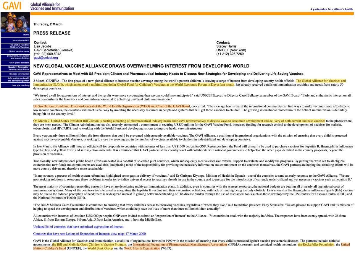 There a little more to the history of GAVI than I've been told. And as per usual (it would appear), it drags in Clinton, and the WEF.

Not only was the Gates Foundation on board from the onset, but so was the Rockefeller Foundation, the International Federation of Pharmaceutical