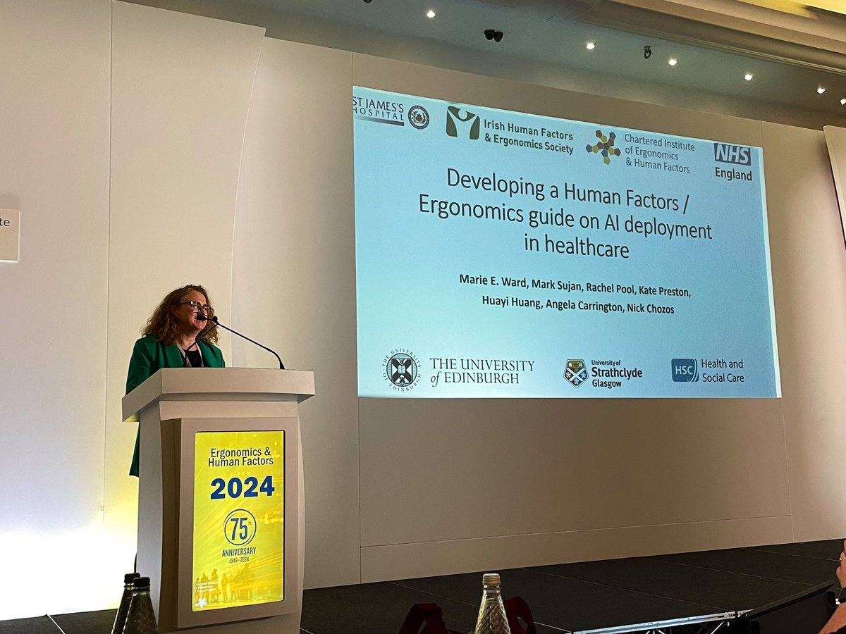 Interesting talk by Dr Marie Ward on developing a #HumanFactors guide on #AI deployment in #healthcare. 
@SHSIRL @CIEHF @irishergonomics 
#ehf2024 #CIEHF