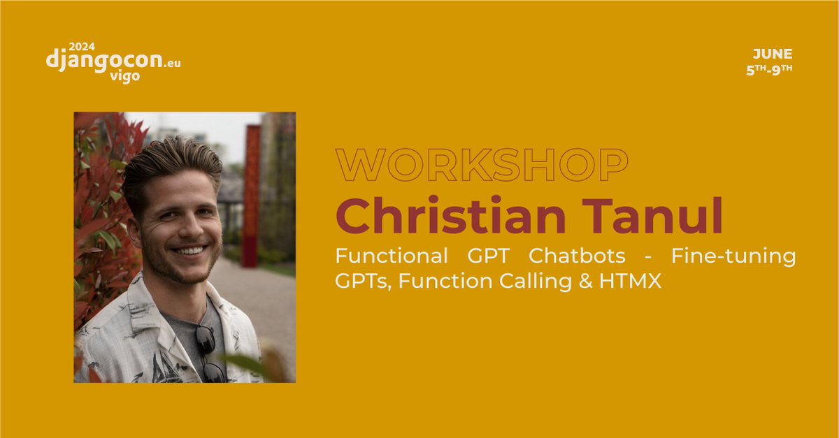 🎙️ WORKSHOP: Functional GPT Chatbots - Fine-tuning GPT’s, Function Calling & HTMX by Christian Tanul (@scriptogre) 2024.djangocon.eu/talks/schedule/ 🎟️ Grab your ticket: pretix.evolutio.pt/evolutio/djceu… #djangoconeurope #python #django #conference