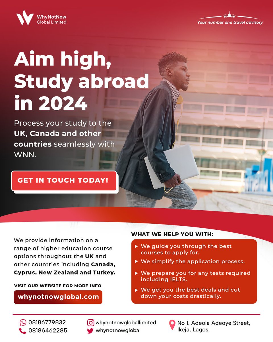 Aim high this year by studying abroad.

Contact us to get started.

#study #studyabroad #aimhigh #internationalstudents #studyvisa #visa #studyincanada #studyinuk #studyinnewzealand #studyincyprus #studyinaustralia