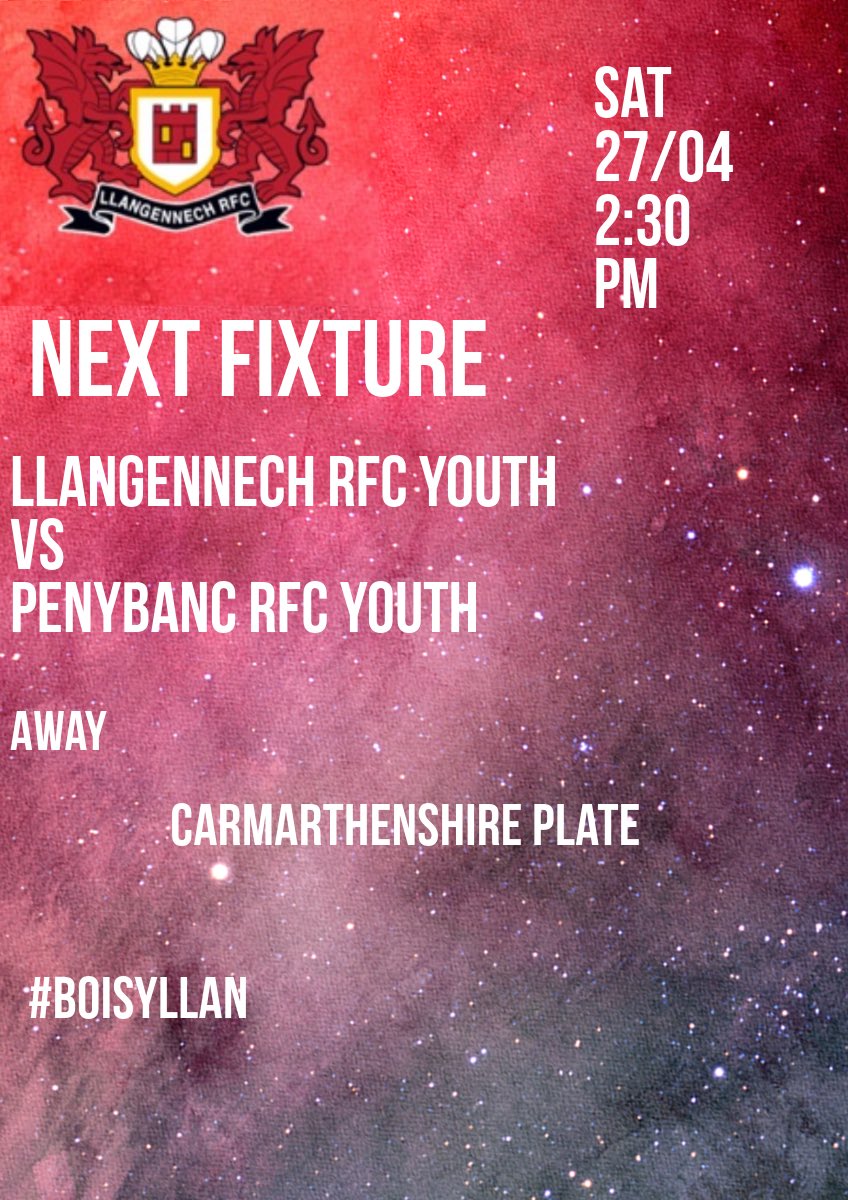 🔴⚫️⚪️ Next Fixture 🔴⚫️⚪️

The boys play in the preliminary round of the Carmarthenshire plate this week with the winner to advance to the Semi Final! 🔴⚫️⚪️

🆚 @Penybanc_Tigers Youth
🗓️April 27th
⏰2:30 PM
🏟️Away   

#youthrugbyrising #boisyllan🔴⚫️⚪️
