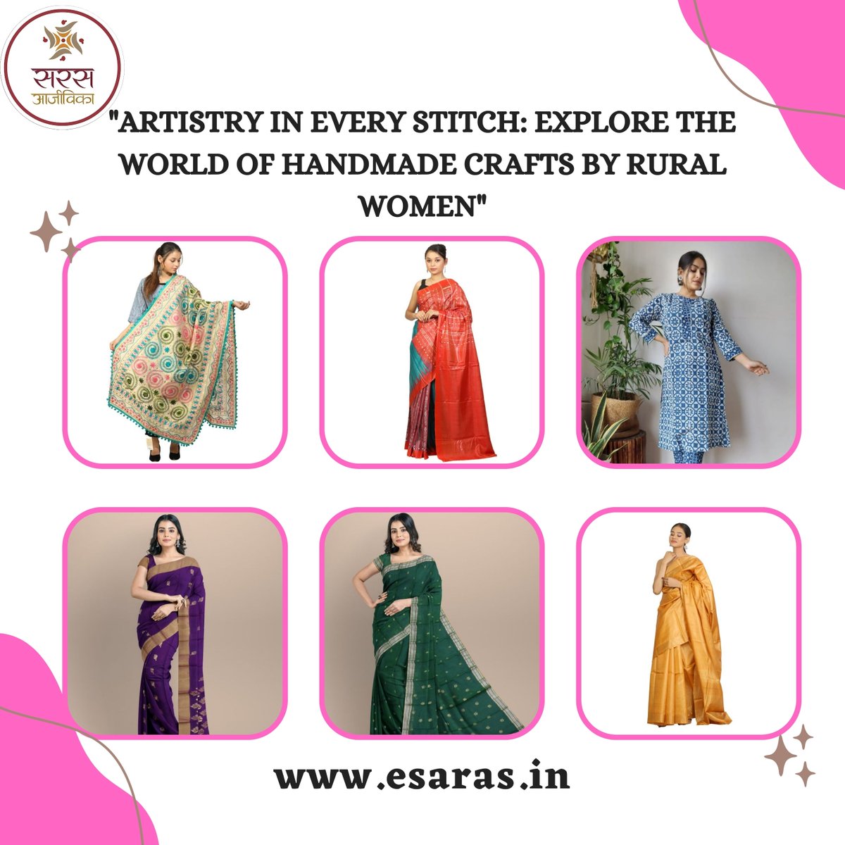 Discover the beauty of handmade crafts by rural women artisans! From intricate embroidery to elegant weaves, every piece is a masterpiece of artistry and tradition. Explore the world of creativity with us! 
Buy Online: esaras.in
#HandmadeCrafts #RuralWomen #Artistry