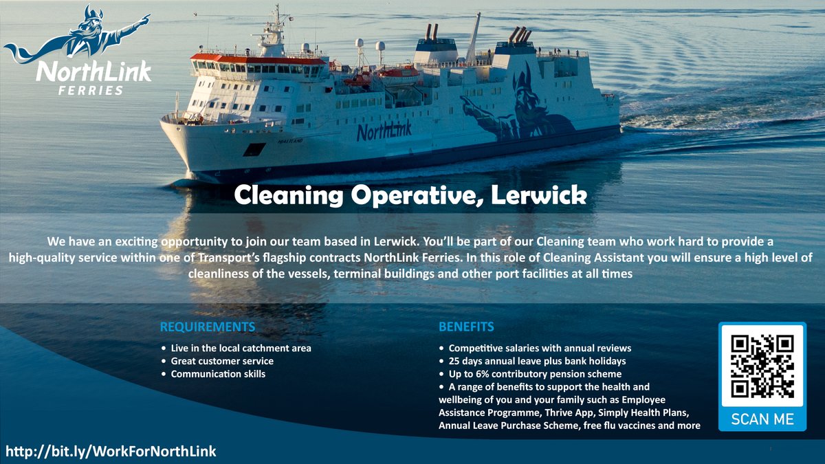 We have an exciting opportunity to join our cleaning team based in Lerwick. Please visit our job opportunities page for more information ▶️ bit.ly/WorkForNorthLi… #Shetland #Job #Career #JobSearch #Hiring #NowHiring #Employment