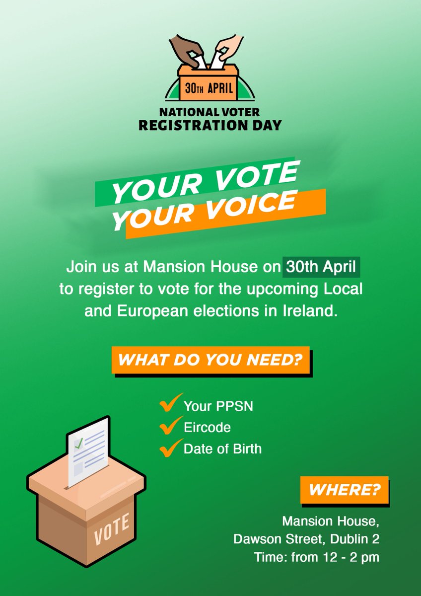 Just 6 days until the #NationalVoterRegistrationDay on Tuesday 30th April. ⌛️ Registration drives are happening all over Ireland. We want to ensure that all voices are heard in Ireland, including the voices of international students! Join us at the Mansion House 12pm-2pm ⬇️