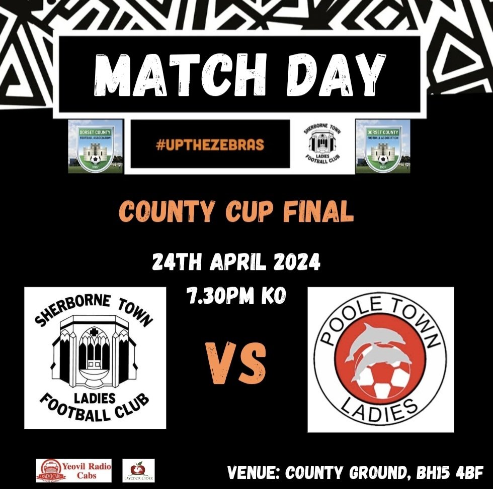 | MATCH DAY | Here we go 😍 🏆CUP FINAL DAY 🏆 We head to the County Ground @DorsetCFA to take on @PooleTownLadies in the County Cup Final!! 🏟 County Ground, BH15 4BF 🕢 7.30pm KO 🎟 £5 adult / £2 concession 🖤🦓 #upthezebras