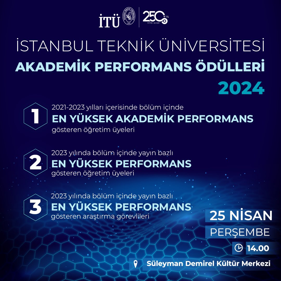 İstanbul Teknik Üniversitesi 'Akademik Performans Ödülleri' üç farklı kategoride sahiplerini bulacak. 🏆 🗓️25 Nisan 2024 ⏰14.00 📍Süleyman Demirel Kültür Merkezi
