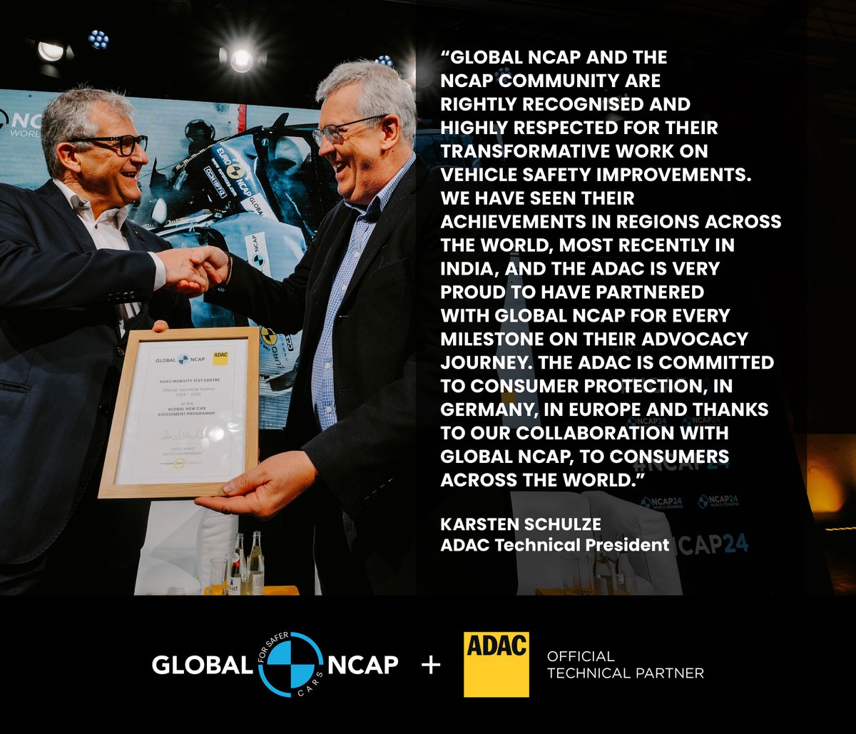 'The ADAC is committed to consumer protection, in Germany, in Europe and thanks to our collaboration with Global NCAP, to consumers across the world.' Karsten Schulze, @ADAC Technical President bit.ly/4b8tnYP #NCAP24 #ForSaferJourneys