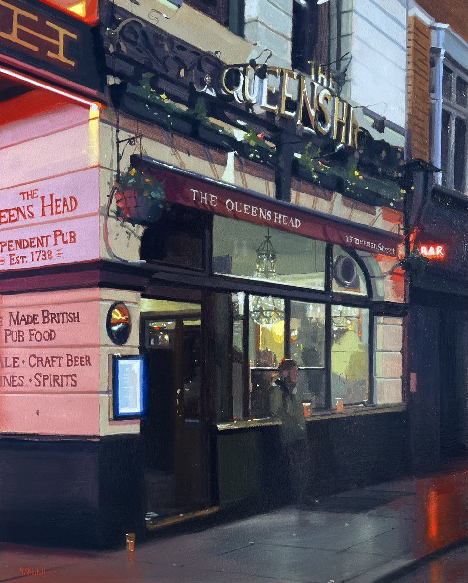 Latest London pub painting on the easel..! @QueensHeadW1D ‘The Queens Head, Soho, London’ Oil on board 20” x 16” A rare independent gem of a pub in the heart of Soho. I enjoyed painting this one! Click link below🍻 michaeljohnashcroft.com/workszoom/5613…