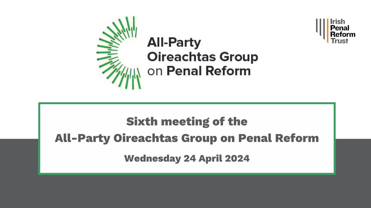 Looking forward to meeting TDs and Senators at today's All-Party Oireachtas Group on Penal Reform. 👥

The focus will be on 'Reimagining prison and punishment’.

Speakers from @ExternIrl, @Cork_Alliance, and @IPRT (on @Rescaled_mov) will join us at 11am in Leinster House AV room.