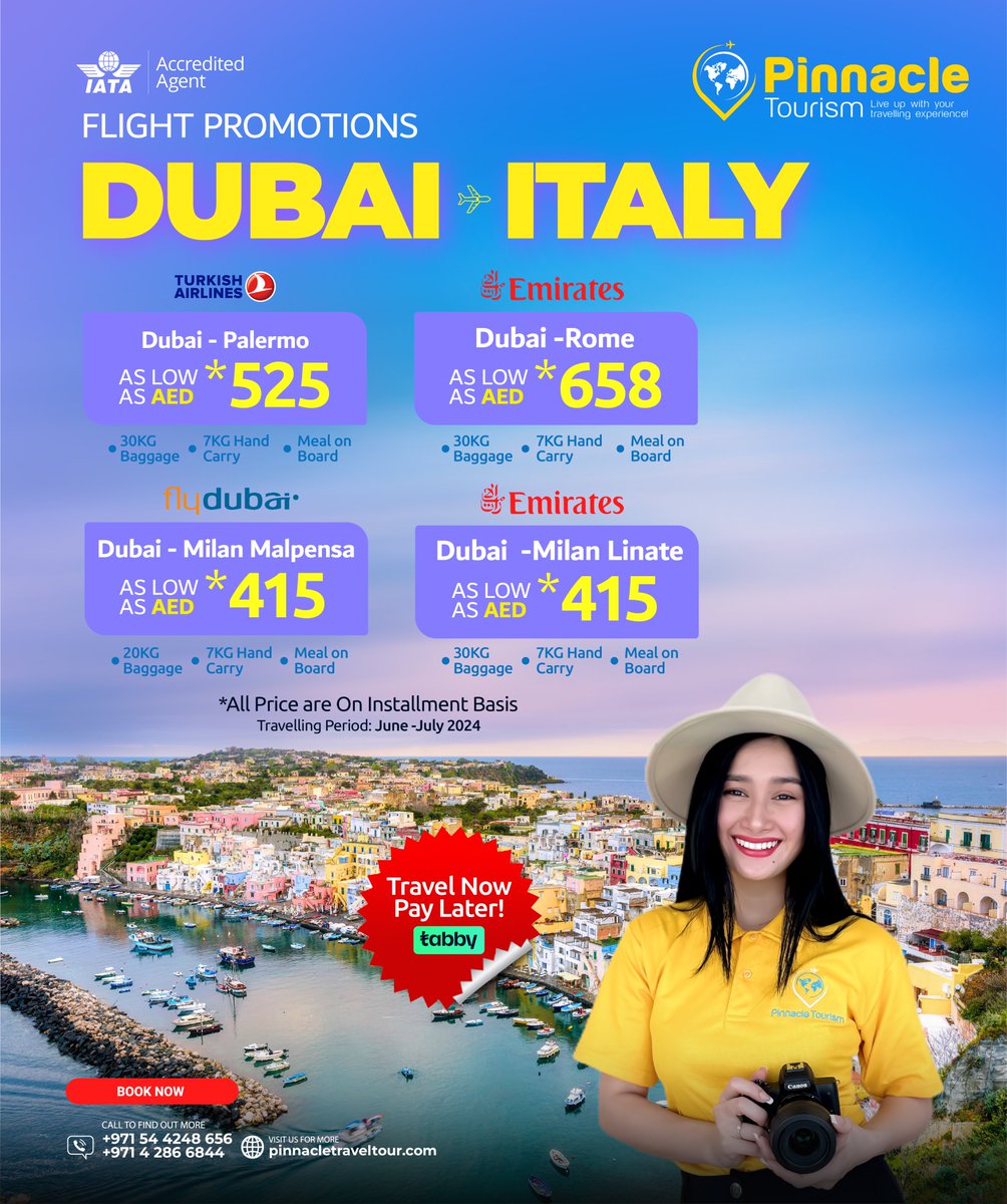 ✈️ Dreaming of Italy?

✈️ Grab your passport because Pinnacle Tourism is offering unbeatable flight fares from Dubai to Italy. 

☎️042866844
📲0544248656
📧inquiries@pinnacletraveltour.com

#DubaiToItaly #FlightDeals #TravelOffers #TabbyPayments #PinnacleTourism #Wanderlust