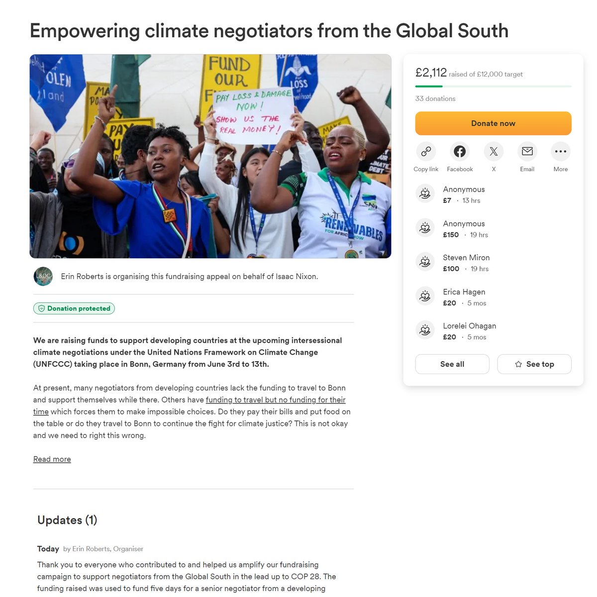 1/6.📢FUNDRAISER: Some of the #LossAndDamage negotiators from the #GlobalSouth who worked tirelessly to ensure the #LossAndDamage Fund was set up at #COP28 do not have funding to attend the @UNFCCC #BonnClimateConference in June. 🤯

🙏Lets get them there: gofundme.com/f/amplifying-v…