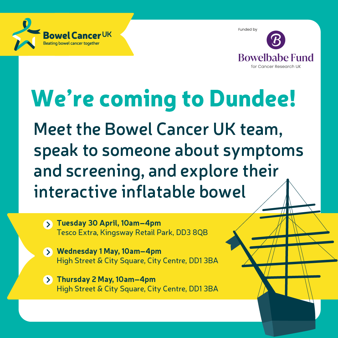 Have you ever seen an inflatable colon? Well now’s your chance! @bowelcanceruk are bringing their roadshow with their inflatable colon to Dundee from 30 Apr – 2 May. The team are here to raise awareness of #BowelCancer, symptoms to look out for and the importance of screening.