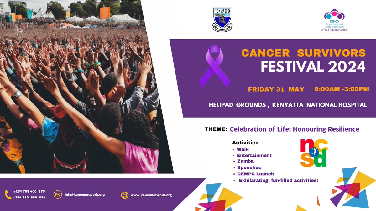 Join us in celebrating life at the Cancer Survivors Festival! Partner with us for a day of fun and inspiration. For more details, contact the @kenconetwork secretariat at +254799400875. Let us make this event unforgettable together! #CancerSurvivorsFestival