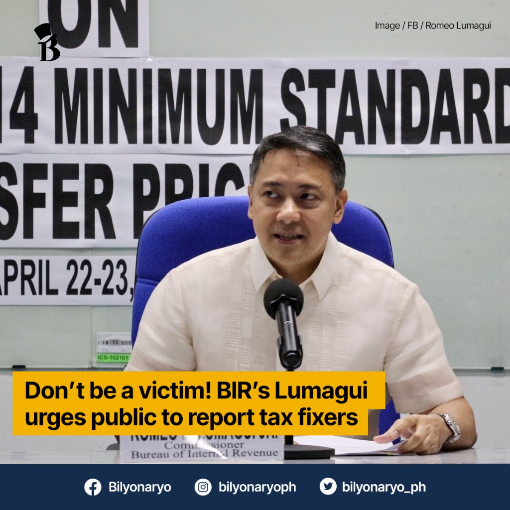 The Bureau of Internal Revenue (BIR) has warned the taxpaying public against dealing with “fixers” for their tax obligations, after a syndicate was arrested for extorting P3.6 million from a taxpayer.

Read it here: bilyonaryo.com/2024/04/23/don…