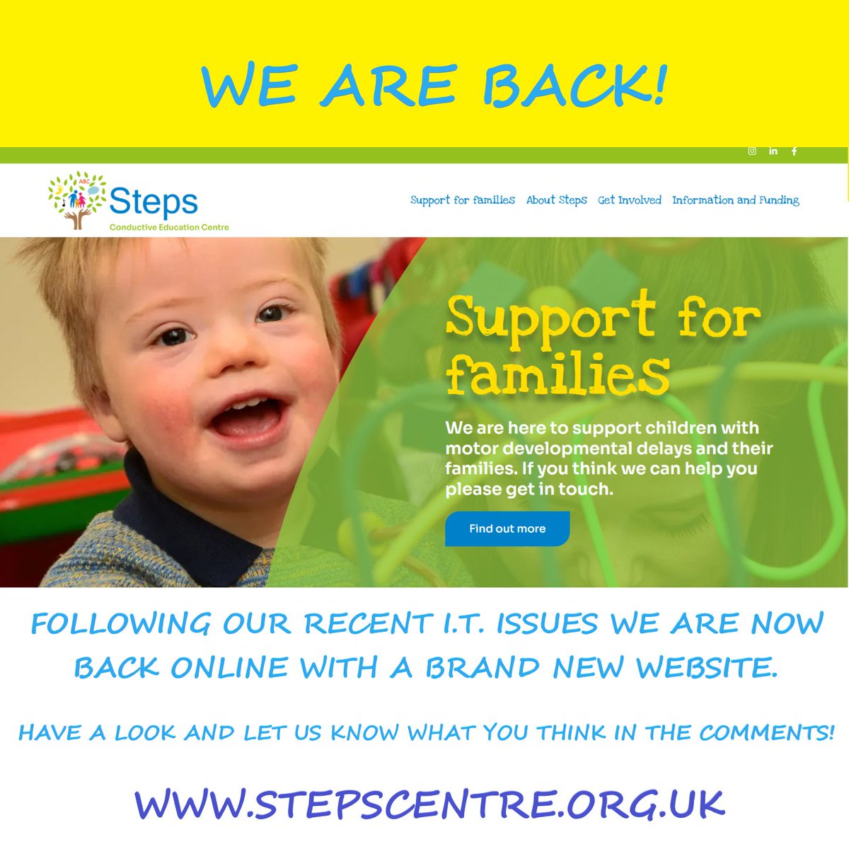 StepsConductive's tweet photo. Following a recent IT failure we are delighted that our phones and emails are back up and running plus we have a BRAND NEW WEBSITE!
Have a look at https://t.co/hLzhmcPq6g and let us know what you think in the comments.

#conductiveeducation #charity #nonprofit #earlyyears https://t.co/Am5TjEk677
