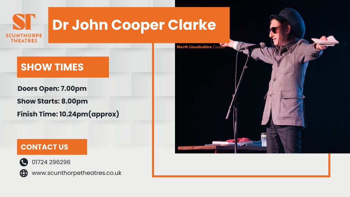 We are excited to welcome you all to The Baths Hall this evening to see John Cooper Clarke. 📲 tinyurl.com/3xvkft9c #johncooperclarke #poetry #thebathshall #scunthorpe