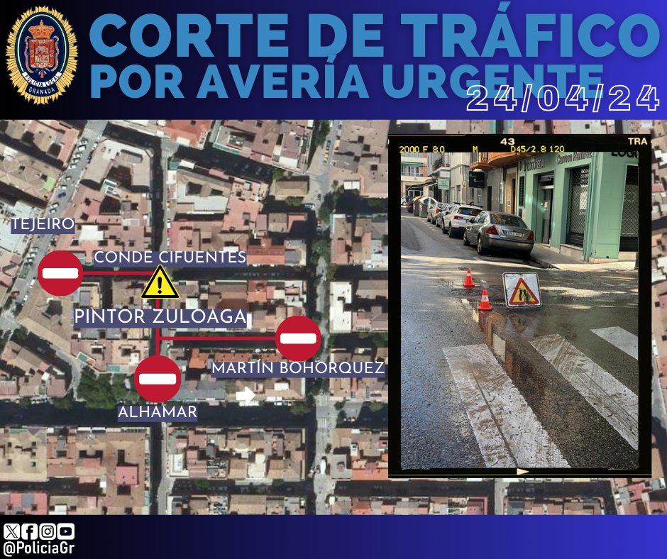 📢AVISO‼️ Con motivo de una avería en c/ Pintor Zuloaga, @Emasagra va a realizar trabajos en la calzada con corte de tráfico, durante al menos 4 horas en: 📍Pintor Zuloaga desde Alhamar hasta Conde Cifuentes. 📍Conde Cifuentes desde Tejeiro. 📍Martín Bohorquez desde Mulhacén.