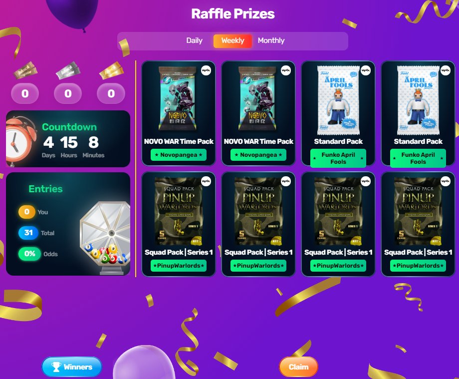 Mix of @Novopangeaio , @OriginalFunko , and @pinupwarlords NFT packs are up for grabs on our Weekly Raffle! Sign up and play for FREE at @BlockSpinGaming to get a chance to win these awesome prizes! #free2play #freeslots #freenft