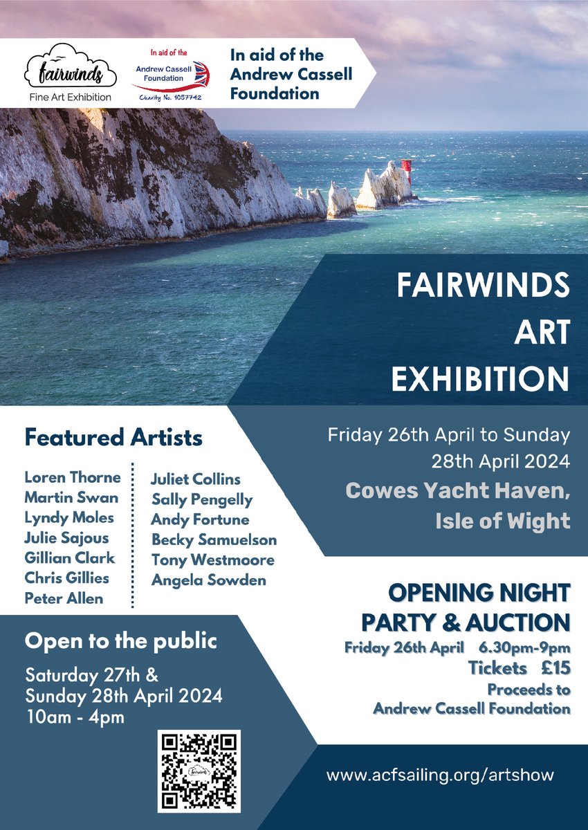 The Fairwinds Art Exhibition is THIS WEEKEND at Cowes Yacht Haven! Join us on Friday for the the opening night party and auction or pop along to view the artwork on Saturday & Sunday, open 10-4 with free entry. Bid in advance: acfsailing.org/2024/03/2024-f…