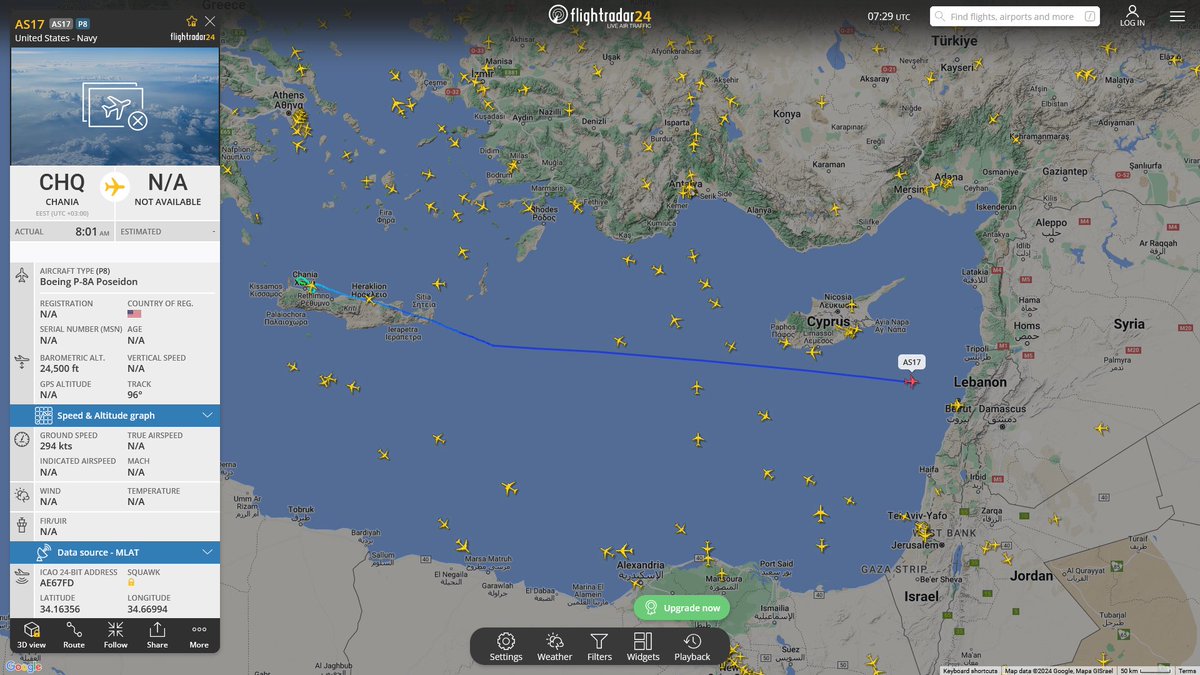 AIYeyENGDdJkjTr's tweet photo. Apr. 24, 2024
#Souda Bay NSA #Mediterranean Sea #Israel-Lebanon-Syria offshore
#AS17 #AE67FD USN P-8A Poseidon
Presumed to be EP-3E Aries II Orion https://t.co/139HHGWPqc