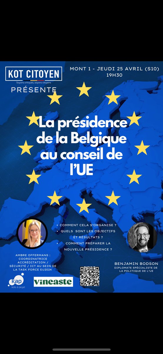 🗓️Jeudi 25 avril 🕰️19h30 📍 MONT 01 Conférence sur la présidence de la Belgique au Conseil de l’UE ! Avec la participation de : @bodsonEU et Ambre Offermans