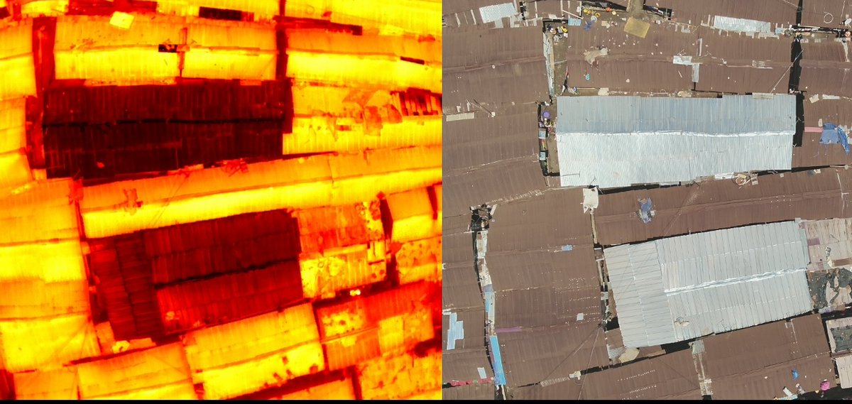 After the rains in Freetown, the thermal imaging camera shows a stark contrast between the before and after pictures. The roof appears visibly darker in the after picture, indicating that the #MEER albedo has been restored.