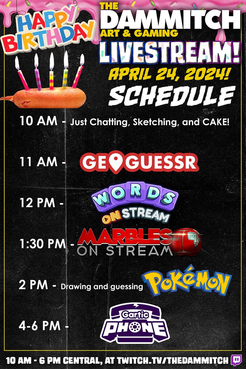 It's my birthday, and the celebration stream is LIVE! We've got cake, games, drawing, and more, all happening NOW at twitch.tv/thedammitch Come join the fun!