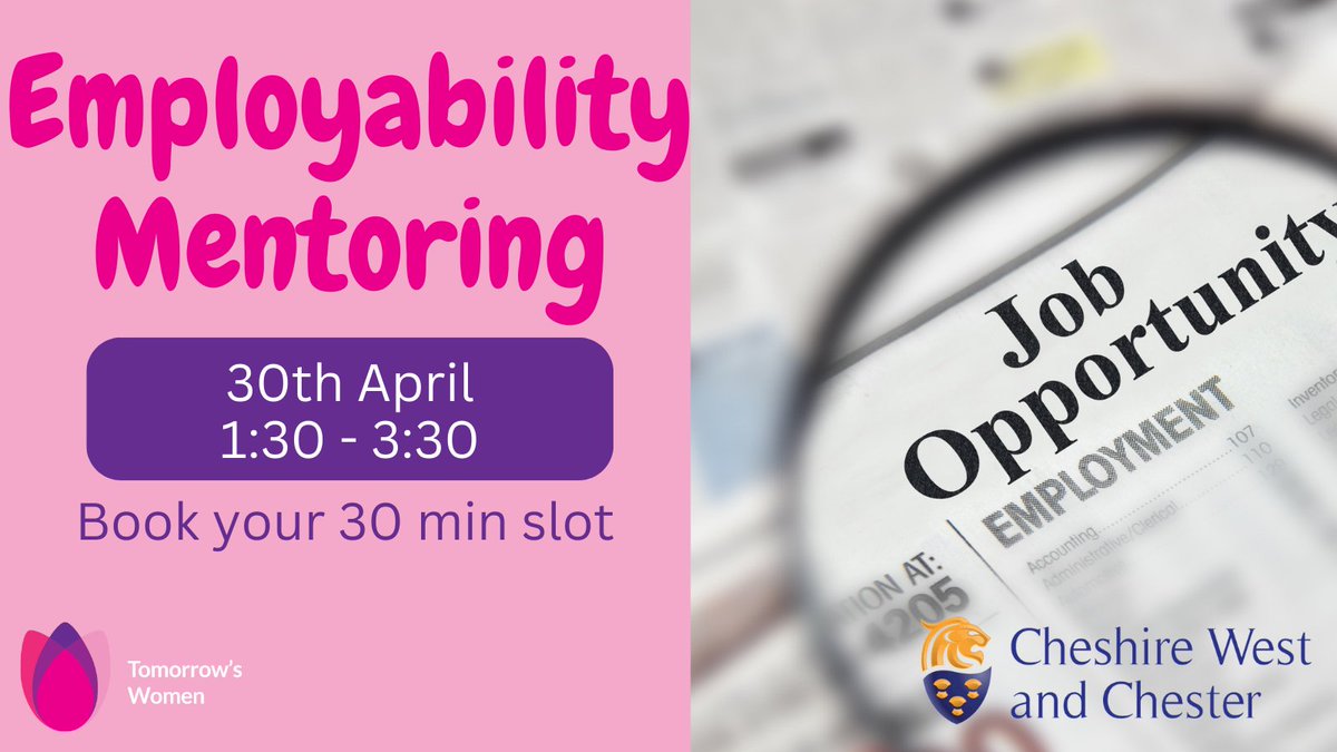 Employability mentoring can be related to any aspect whether you are unemployed looking for a job, need help with your CV, wanted to re-train and don't know where to look, or want a career change. To book your slot visit reception or call us 01244 906 494 💗 @Go_CheshireWest