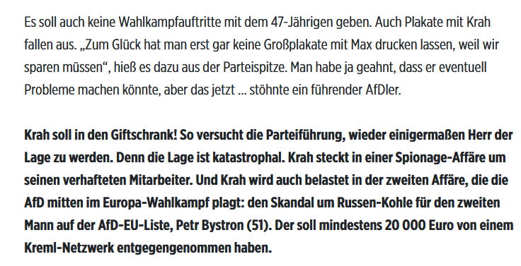 #Krah soll aus dem Wahlkampf der AfD verschwinden. (Ärgerlich, dass aus den Vorstandssitzungen immer die 'Bild' bedient wird. Man weiß nie, ob es stimmt, ausgedacht oder aufgebauscht ist.)