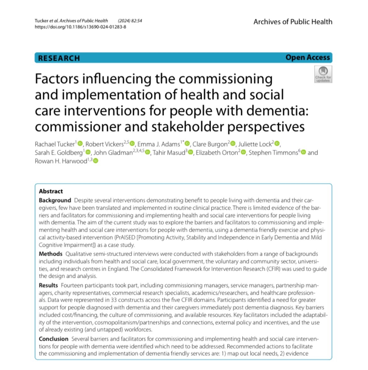 Dr Emma Adams (@emmaj_adams) on Twitter photo New paper in <a href="/Archpubhealth/">Archives of Public Health</a>! Barriers and facilitators for implementing and commissioning dementia-friendly interventions using <a href="/PrAISEDUoN/">PrAISED research team</a> as a case study.
rdcu.be/dFzwj
#implementation #commissioning #dementia #physicalactivity #cfir
<a href="/UoN_SHS/">UoN Health Sciences</a> <a href="/UoNFacultyMHS/">UoN Medicine and Health Sciences</a> New paper in <a href="/Archpubhealth/">Archives of Public Health</a>! Barriers and facilitators for implementing and commissioning dementia-friendly interventions using <a href="/PrAISEDUoN/">PrAISED research team</a> as a case study.
rdcu.be/dFzwj
#implementation #commissioning #dementia #physicalactivity #cfir
<a href="/UoN_SHS/">UoN Health Sciences</a> <a href="/UoNFacultyMHS/">UoN Medicine and Health Sciences</a>