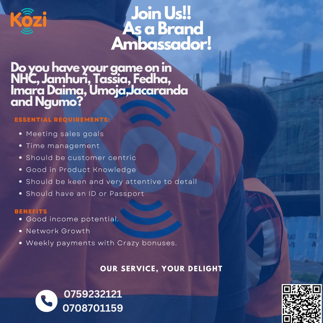 Exciting Opportunity Alert! 
Join us as a Brand Ambassador and make your mark in NHC, Jamhuri, Tassia, Imara Daima, Umoja, Jacaranda, Ngumo, and beyond! If you're ready to dive into a dynamic role, reach out to our Team Leads today. #ikoKaziKE #BrandAmbassador #OpportunityKnocks