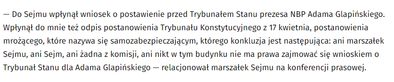 Marszałek Sejmu Szymon Hołownia: 'Nie wykonam postanowienia nadesłanego przez Julię Przyłębską i nadal będę procedował wniosek o postawienie Adama Glapińskiego przed Trybunałem Stanu' #JulkaDoGarow