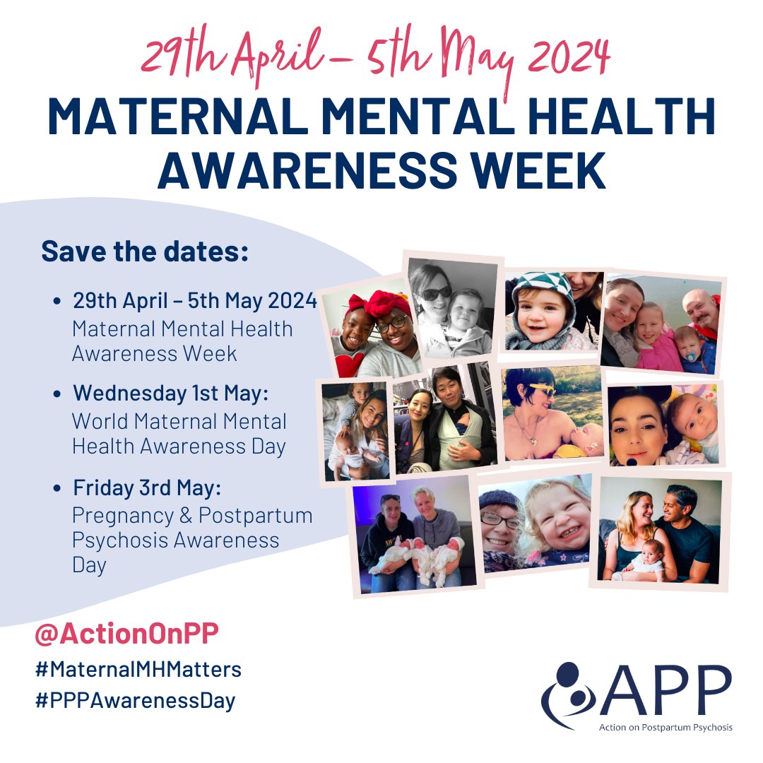 📆 Save the dates! #MaternalMentalHealthAwarenessWeek is next week. We want to get people talking about #PostpartumPsychosis & ensuring anyone affected doesn’t feel alone and knows where they can turn to for help and support. #MaternalMHMatters #PPPAwarenessDay @PMHPUK @WMMHday