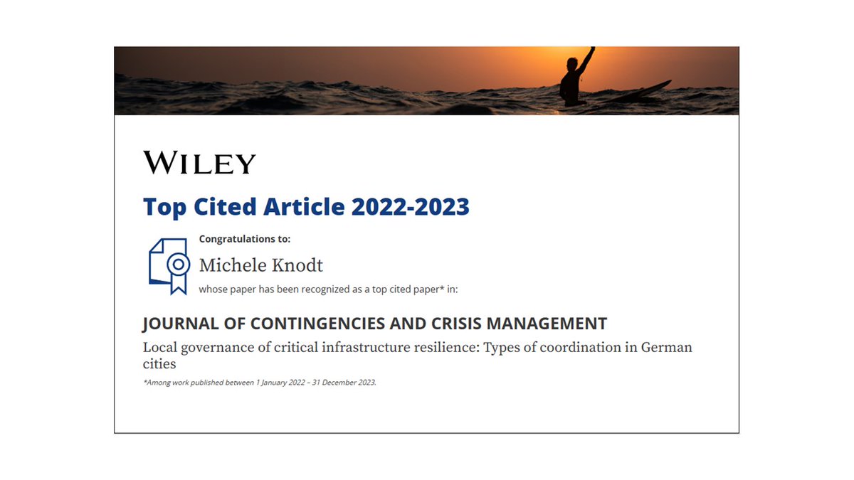 Our @emergen_CITY article on enhancing #criticalinfrastructure #resilience in #cities and the importance of coordination among various actors has made it to the top 10 most cited articles in the Journal of Contingencies and Crisis Management!  Check out: onlinelibrary.wiley.com/doi/full/10.11…