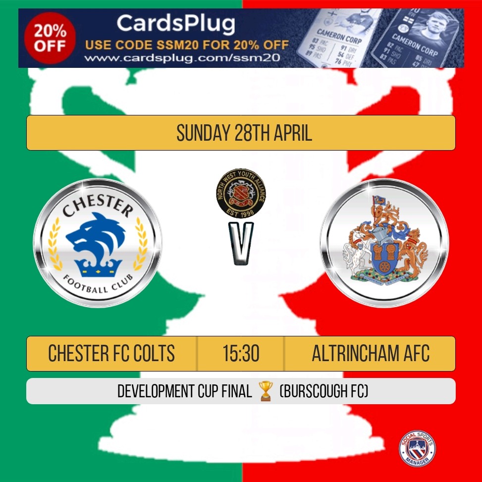 NORTHWESTYOUTH2's tweet photo. NWYA Development Cup Final 🏆 
Sunday 28th April
330pm Kick-Off
Chester Colts VS Altrincham 
#NWYA https://t.co/5U3CfqxGOi