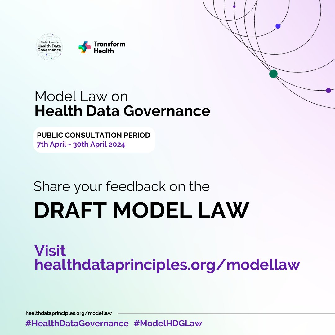 📢 Last few days left!! @trans4m_health and partners are convening a public consultation period until 30th April to gather inputs on a draft model law on #healthdatagovernance! Visit the consultation page: healthdataprinciples.org/modellaw #HealthDataGovernance #ModelHDGLaw