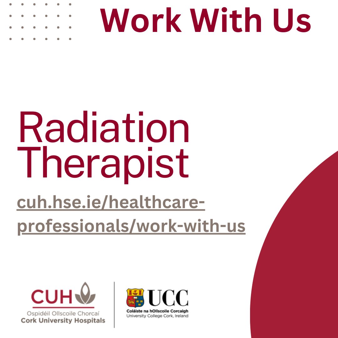 RADIATION THERAPISTS Cork University Hospital is seeking Radiation Therapists (Staff Grade) to join our team at our new state-of-the-art Radiation Oncology facility. APPLY TODAY: cuh.hse.ie/healt.../work-… #RadiationTherapist #HealthcareJobs