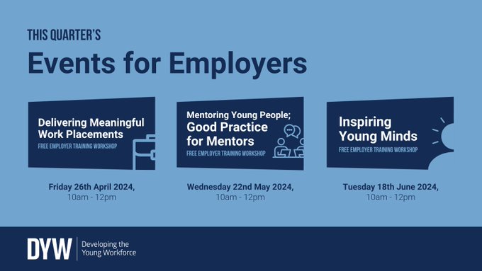 Three DYW employer training sessions coming up this quarter! Would you like to increase your confidence in working with young people in schools and colleges, through work placements, and/or mentoring? Book now: ow.ly/meqv50R3w2G #DYWScot #ConnectingEmployers