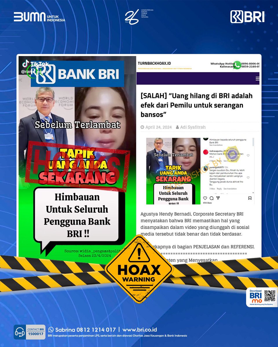 BANKBRI_ID's tweet photo. Hati-hati Sobat BRI, 
BRI terus menghimbau masyarakat agar dapat bijak memanfaatkan sosial media secara positif dan tidak mudah termakan informasi yang belum dapat dipastikan kebenarannya.

BRI memastikan hal yang disampaikan dalam video di akun tiktok, instagram dan facebook rama_news tersebut di sosial media tidak benar dan tidak berdasar.

#BRI #MemberiMaknaIndonesia
