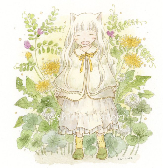 「白猫さんと春の花」透明水彩・ウォーターフォード・デジタル主線#ふわりえにし タンポポ、シロツメクサ、カラスノエンドウ。春の野原の花たち。 