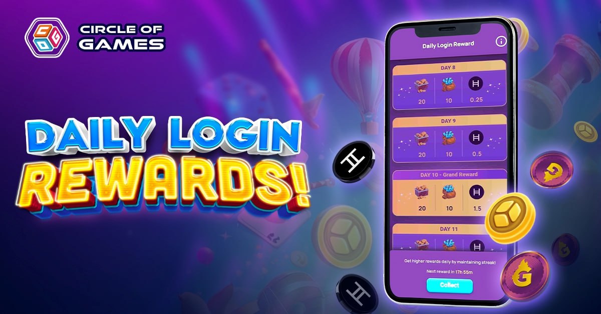 🎁 Don't miss out on our Daily Login Rewards Log in daily to claim real rewards like $GARI, Bolts, and Coins. Keep your streak going and get 3X token bonus every 10th day💰 Join us today: t.me/circleofgameso… $COG $HBAR #CircleofGames #Web3Gaming #PlayToEarn #HBAR