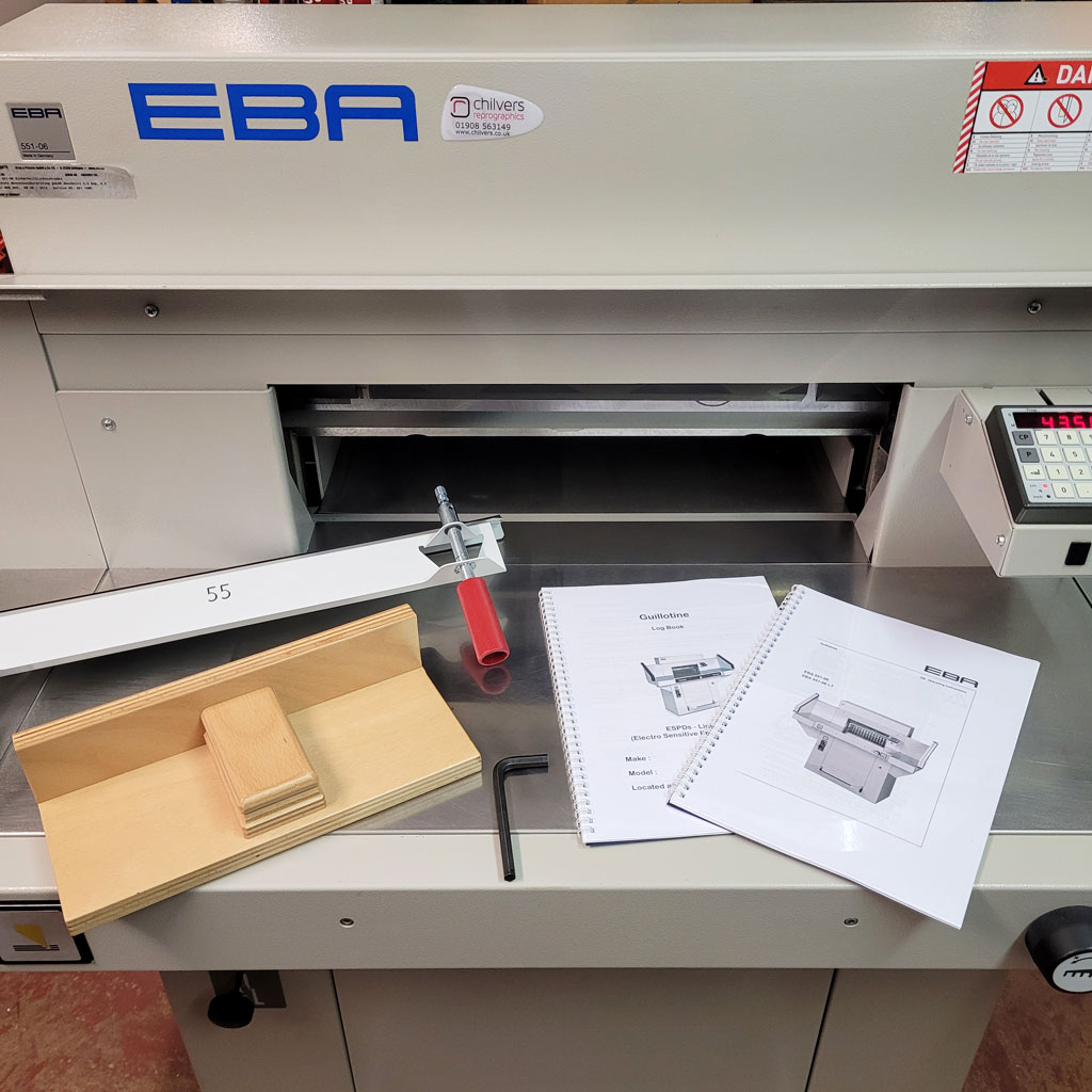 We have a used / pre-owned EBA 551-06 #guillotine in very good condition available for £3950+vat. Includes side tables, operation manual, blade change tools, jogger/knock-up block, spare cutting stick & a HSE compliance certificate👇 chilvers.co.uk/products/usedp… #printfinishing