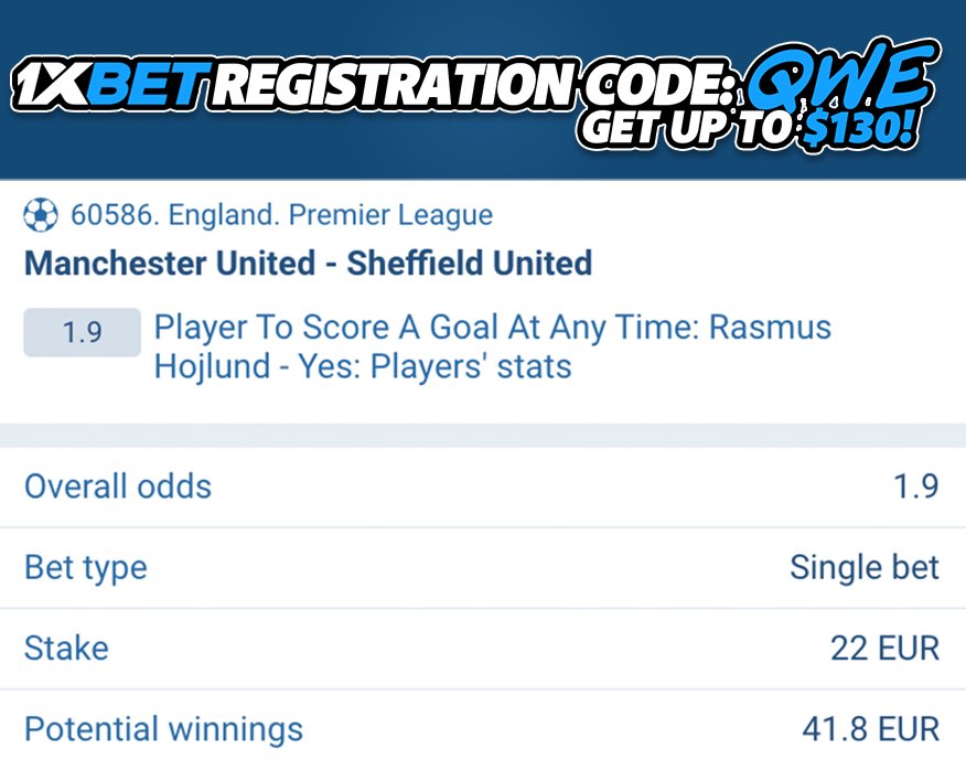 Rasmus Hojlund will score against Sheffield United. Odds: 1.90❗️ Registration Promo Code (130$ bonus) = 'QWE' 🎁 Full Offer: affpa.top/L?tag=d_427079… #Betting #BettingTwitter #BettingPicks #BettingExpert #ManUtd #BettingX #MUFC #MUNSHU